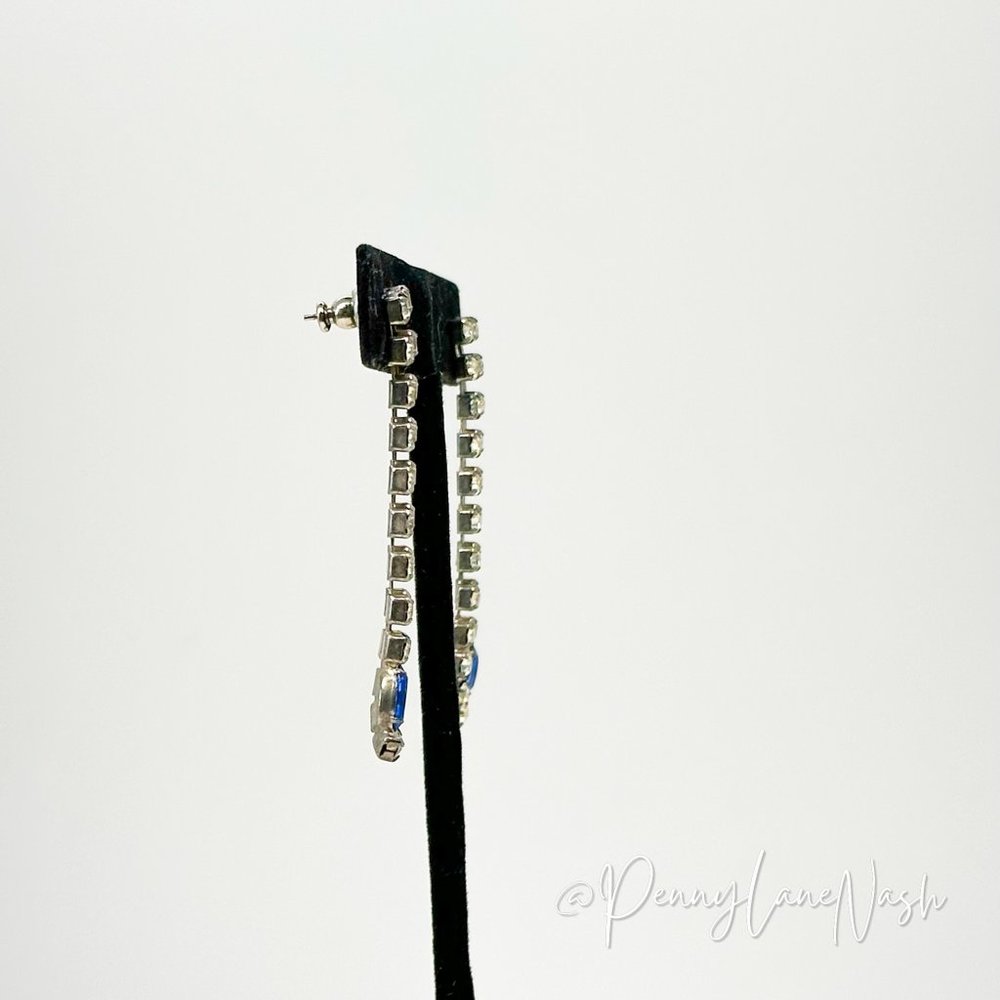Vintage Two Row Rhinestone Drop with Blue Gem Dangle Earrings - Picture 5 of 9